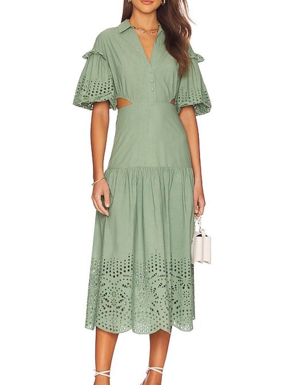 Karina Grimaldi Graciela Dress Cucumber Green Eyelet Midi XS $372 Retail